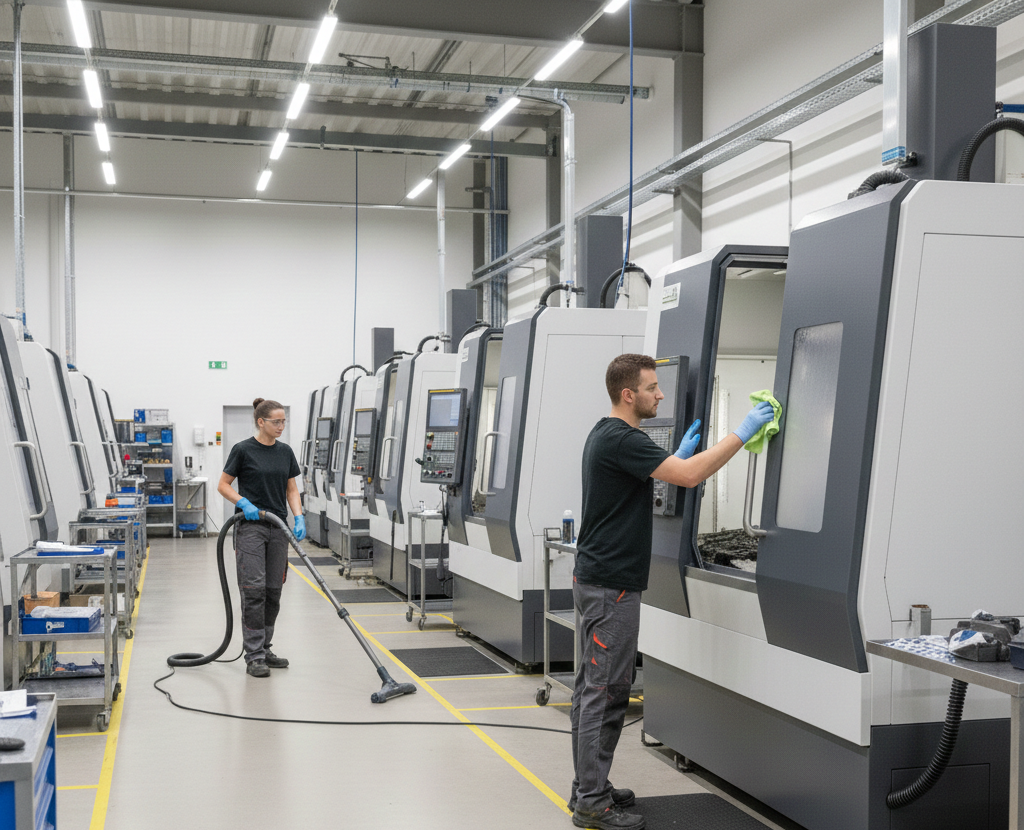 Zwei Mitarbeiter reinigen Maschinen im Rahmen der Industriereinigung Bonn & Köln