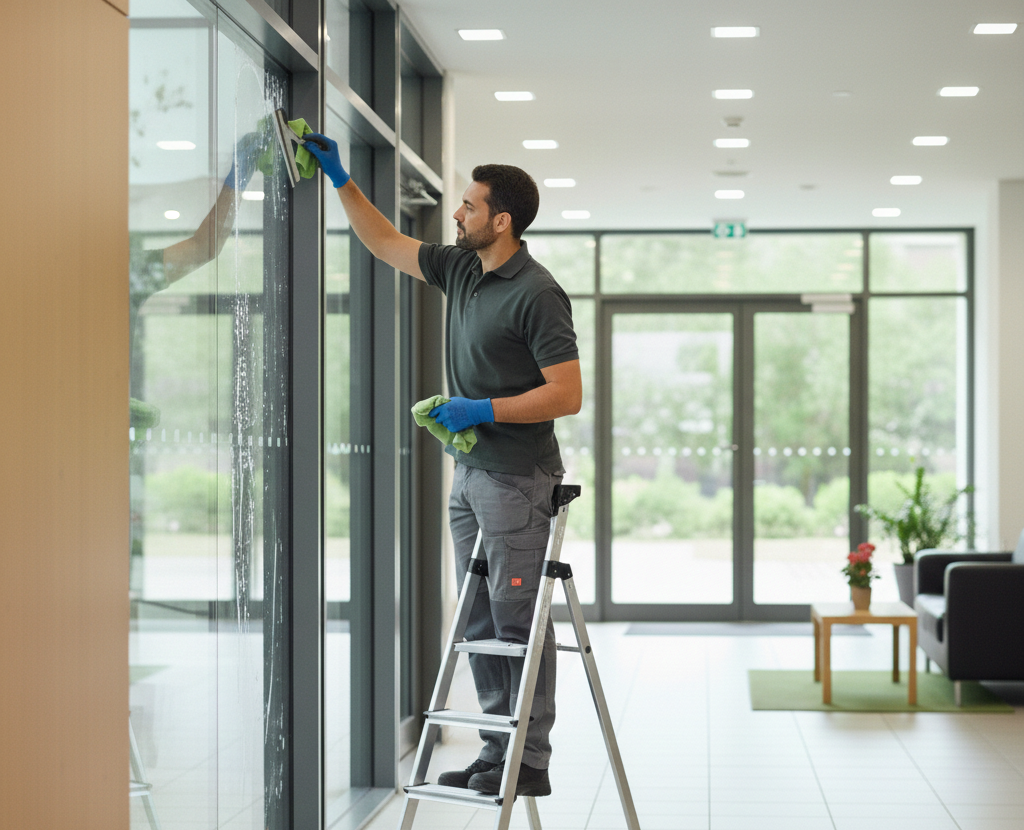 Mitarbeiter reinigt Fenster im Rahmen des Hausmeisterservice in Köln & Bonn