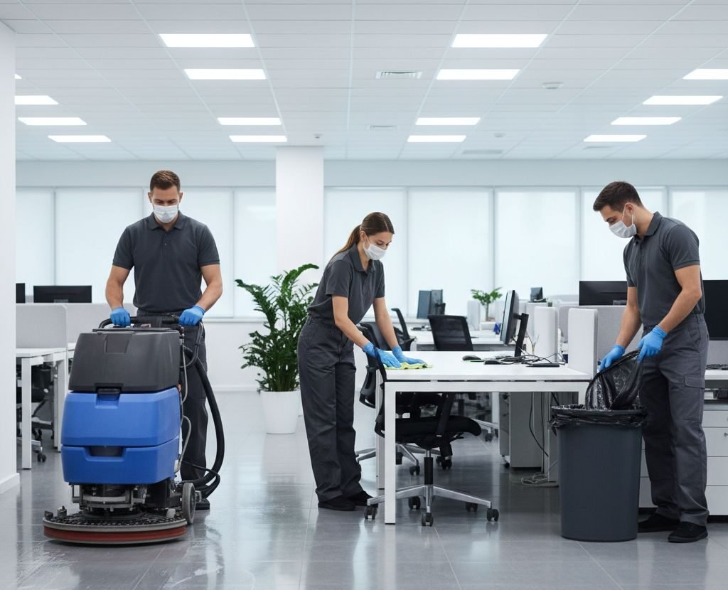 Drei Mitarbeiter führen eine Gebäudereinigung in einem Büro in Köln & Bonn durch.