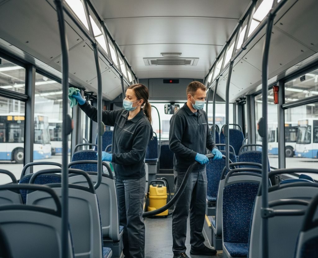 Zwei Mitarbeiter führen eine ÖPNV-Reinigung eines Busses in Köln & Bonn durch