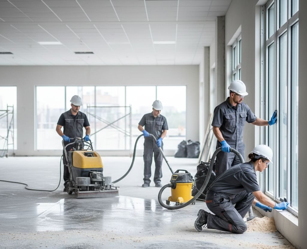 Vier Mitarbeiter führen eine Baustellenreinigung im Rheinland, Köln & Bonn durch